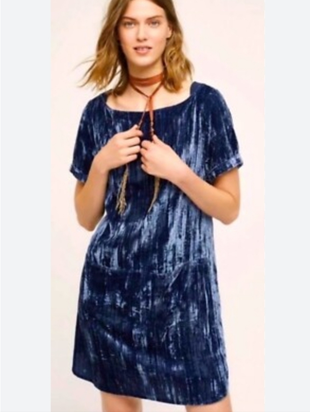 Anthropologie Navy Blue Crushed Velvet Short Sleeve Dress - Picture 1 of 5